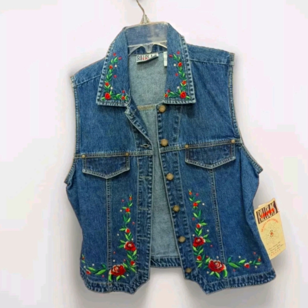 Bill Blass Denim Vest Women's Size M Embroidered Roses Plus Rhinestones NWT